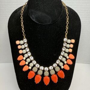 J Crew Orange Coral Gray Stone Gold Tone Statement Necklace
